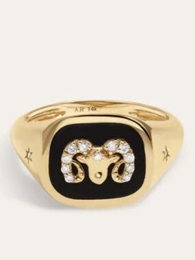Adina Reyter Aries Zodiac 14K Gold Black Ceramic & Diamond Signet Ring Sz. 8